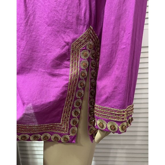 Tory Burch Women Top Tunic Blouse Size 6 Magenta Gold Embroidery Long Sleeves - Picture 6 of 16